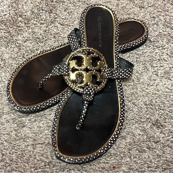 Tory Burch Black and Gold Embellished Sandals - Picture 1 of 1